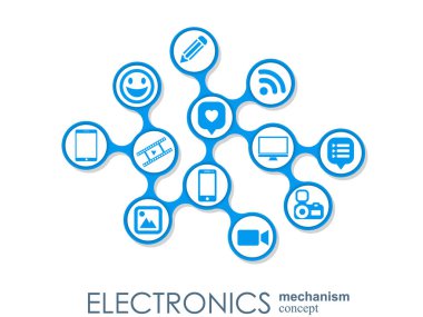 Elektronik mekanizma. Arka plan bağlı ve tümleşik düz simgeler. Bağlı sembolleri Monitor, telefon. Etkileşimli vektör çizim.