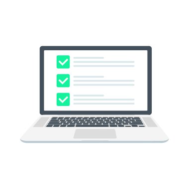 Denetim listesi tarayıcı penceresi. Onay işareti. Dizüstü ekran beyaz zamanında. Seçim anketi kavramları. Öğeleri web afiş, Web siteleri, infographics için. Düz tasarım, vektör çizim arka plan üzerinde.
