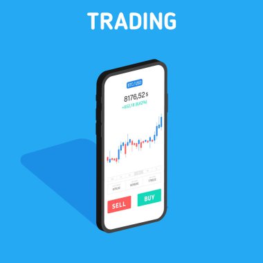 Bitcoin Borsası. Kripto para birimi teknolojisi. Smartphone Temiz Mobil Ui Tasarım Konsepti. Trendy Mobil Bankacılık, isometrik Finansal analitikte. Ticaret İş Uygulama Şablonu. Vektör illustrati