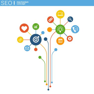 SEO mekanizması kavramı. Abstract entegre vites ve kutsal kişilerin resmi için strateji, dijital arka plan, internet, ağ, bağlanmak, analytics, sosyal medya ve genel kavramlar.
