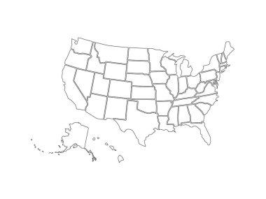 Beyaz arka planda izole edilmiş benzer ABD haritası. Amerika Birleşik Devletleri ülkesi. Web sitesi, tasarım, kapak, bilgi grafikleri için vektör şablonu. Grafik illüstrasyonu.