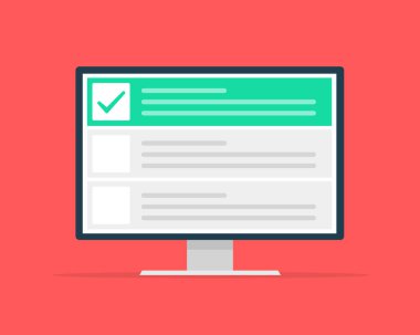 Denetim listesi tarayıcı penceresi. Onay işareti. Monitör ekranında beyaz onay. Seçim, anket kavramları. Web afiş, web siteleri, infographics için öğeler. Düz tasarım, arka planda vektör çizimi.