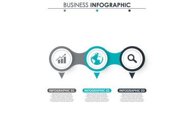 İş verileri, grafik. Grafiğin soyut öğeleri, 3 adımlı diyagram, strateji, seçenekler, parçalar veya süreçler. Sunu için vektör iş şablonu. Bilgi grafiği için yaratıcı konsept.