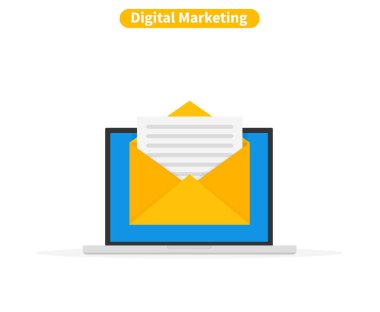 E-posta Pazarlama, internet reklam kavramları, e-posta ile iletişim çok platform, mobil, internet bağlantısı üzerinden dizüstü bilgisayar. Düz tasarım, arka planda vektör çizimi.