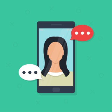 Akıllı telefon, düz karikatür akıllı telefon, Arama hizmeti online görüntülü sohbet. On-line sohbet uygulaması, internet konuşma arama telefon mesajları. Düz tasarım, arka planda vektör çizimi.