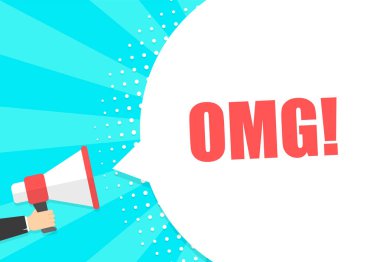 Omg konuşma balonu ile megafon tutan erkek el. Hoparlör. Banner iş, pazarlama ve reklam için. Vektör çizimi.