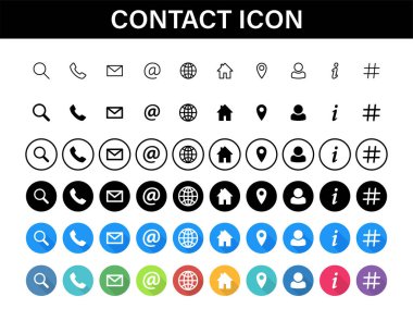 Contacts icon set. Collection social media or communication symbols. Contact, e-mail, mobile phone, message. Vector illustration. clipart
