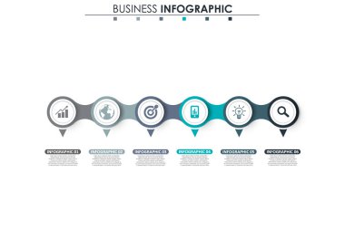 İş verileri, grafik. Grafiğin soyut öğeleri, 6 adımlı diyagram, strateji, seçenekler, parçalar veya süreçler. Sunu için vektör iş şablonu. Bilgi grafiği için yaratıcı konsept.