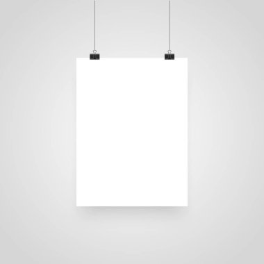 Mock-Up Gerçekçi Beyaz Poster Asılı. İş Sunumları için Klipler, Metin Yeri. Boş Beyaz Poster Şablonu. Vektör çizimi.