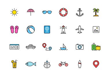 Satır stilinde 24 Yaz ve Tatil web simgeleri ayarlayın. Web ve mobil simgesi. turizm, seyahat, tatil. Vektör çizimi.