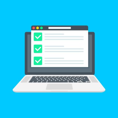 Denetim listesi tarayıcı penceresi. Onay işareti. Dizüstü ekran beyaz zamanında. Seçim anketi kavramları. Öğeleri web afiş, Web siteleri, infographics için. Düz tasarım, vektör çizim arka plan üzerinde.
