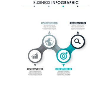 İş verileri, grafik. Grafiğin soyut öğeleri, 4 adımlı diyagram, strateji, seçenekler, parçalar veya süreçler. Sunu için vektör iş şablonu. Bilgi grafiği için yaratıcı konsept.
