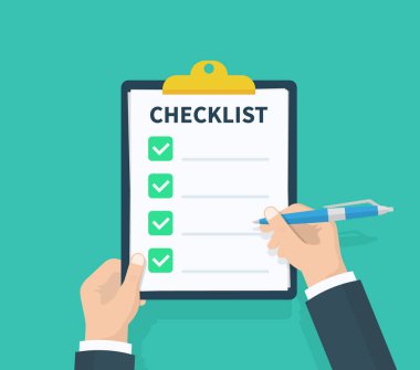 Denetim listesi Pano kontrol listesi ile bir dakika dostum. Anket, anket, pano, görev listesi. Düz tasarım, vektör çizim arka plan üzerinde.