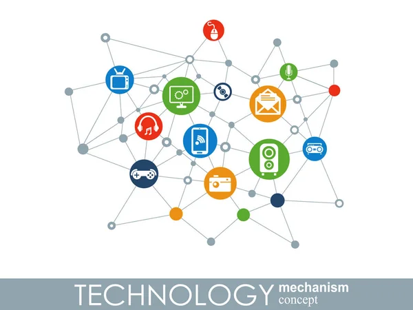 Concepto de mecanismo tecnológico. Antecedentes abstractos con engranajes e iconos integrados para lo digital, estrategia, internet, red, conexión, comunicación, redes sociales y conceptos globales. Infografía vectorial . — Vector de stock