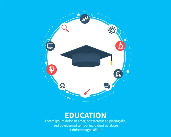 Education concept. Abstract background with connected gears and icons for elearning, knowledge, learn, analytics, network, social media and global concepts. Vector infographic illustration. — Stock Vector