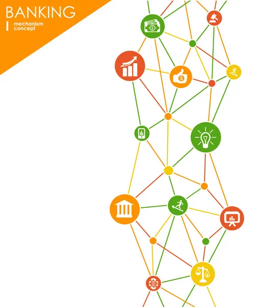 Bankovní mechanismus. Abstraktní pozadí s integrovaným ploché ikony a připojených zařízení. symboly pro peníze, karty, bankovní, obchodní a finanční pojmy. Interaktivní vektorové ilustrace. — Stockový vektor