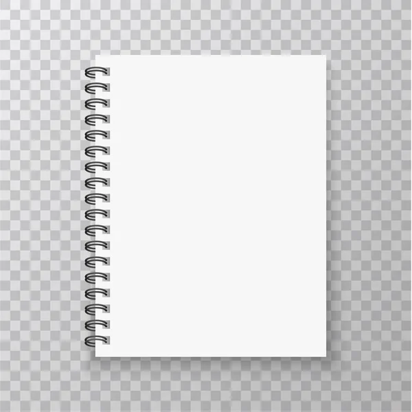 Una maqueta realista de Notebook. Copybook con espiral de plata metálica. Burla en blanco con sombra. Ilustración vectorial . — Vector de stock