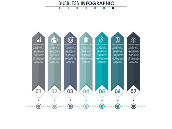 Datos de negocio, gráfico. Elementos abstractos del gráfico, diagrama con 7 pasos, estrategia, opciones, partes o procesos. Plantilla de negocio vectorial para presentación. Concepto creativo para infografía . — Vector de stock