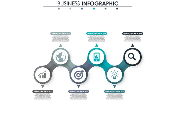 Geschäftsdaten, Grafik. abstrakte Elemente von Graphen, Diagrammen mit 6 Schritten, Strategie, Optionen, Teilen oder Prozessen. Vektor-Geschäftsvorlage für die Präsentation. Kreatives Konzept für Infografik. — Stockvektor