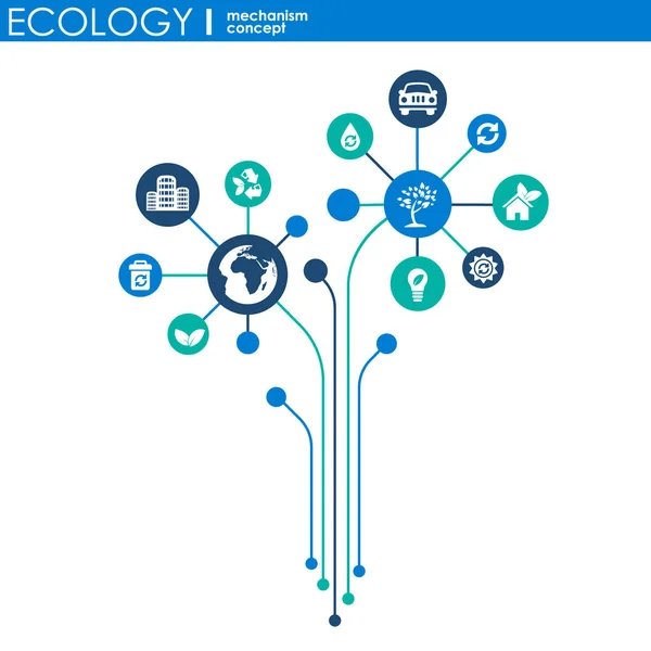 Ökologie-Mechanismus-Konzept. abstrakter Hintergrund mit vernetzten Zahnrädern und Symbolen für umweltfreundliche, energie-, umwelt-, umwelt-, umwelt-, recycling-, bio-und globale Konzepte. Vektorinfografische Illustration. — Stockvektor