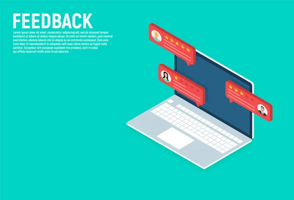 Feedback. isometrischer Laptop mit Kundenbewertungen. Online-Bewertungen oder Kundenbewertungen, Erfahrungsberichte oder Feedback. — Stockvektor