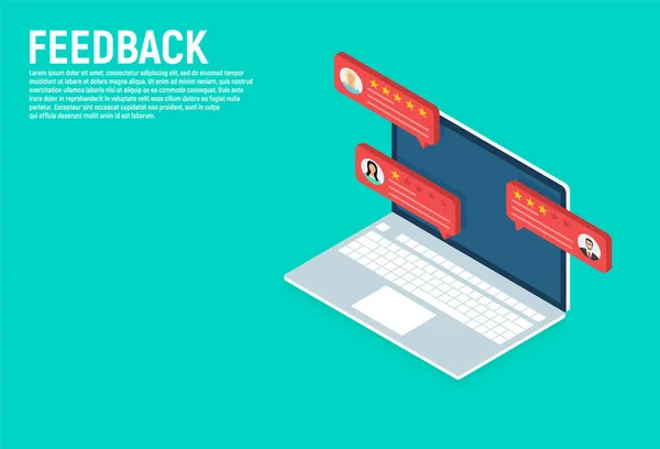 Réactions. Ordinateur portable isométrique avec des messages d'évaluation des clients. Critiques en ligne ou témoignages de clients, concept d'expérience ou de rétroaction . — Image vectorielle