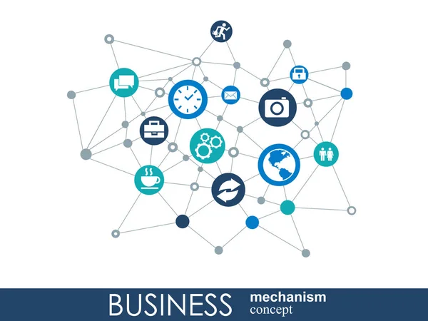 Geschäftsmechanismus-Konzept. abstrakter Hintergrund mit vernetzten Zahnrädern und Symbolen für Strategie, Service, Analytik, Forschung, SEO, digitales Marketing, Kommunikationskonzepte. Vektorinfografische Illustration — Stockvektor