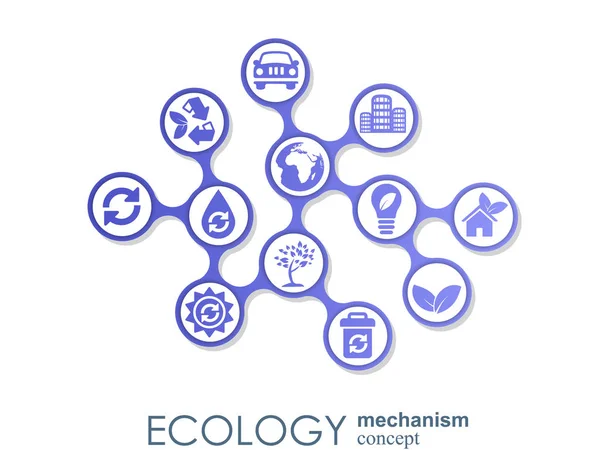 Ökológia mechanizmus fogalmát. kapcsolódó fogaskerekek és ikonok, a környezetbarát, energia, környezet, zöld, recycle, bio és globális fogalmak absztrakt háttér. vektor infographic illusztráció. — Stock Vector