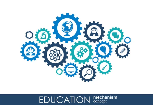 Onderwijs netwerk. Zeshoek achtergrond met lijnen, polygonen, abstract en integreren van plat pictogrammen. Aangesloten symbolen voor e-learning, kennis, leren en globale concepten. Interactieve vectorillustratie. — Stockvector