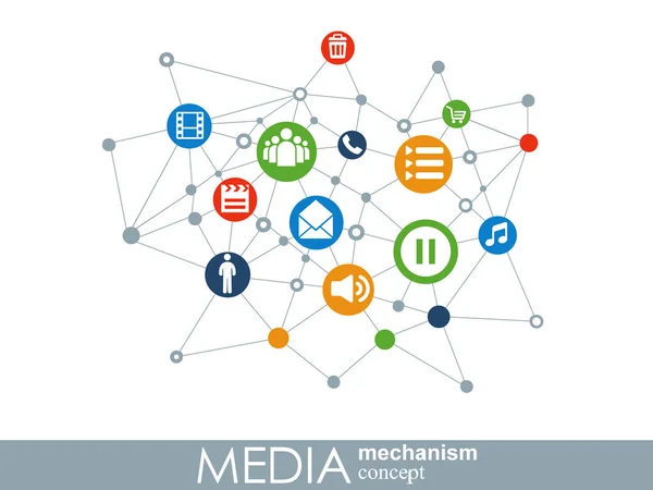 Media mekanism koncept. Tillväxt abstrakt bakgrund med integrerad meta bollar, integrerade ikon för digital, strategi, internet, nätverk, ansluta, kommunicera, teknik, global begrepp. — Stock vektor