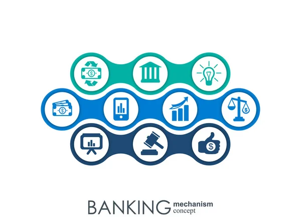 Banking mechanisme. Abstracte achtergrond met aangesloten versnellingen en geïntegreerde plat pictogrammen. symbolen voor geld, kaartlezer, bank, business en Financiën concepten. Interactieve vectorillustratie. — Stockvector