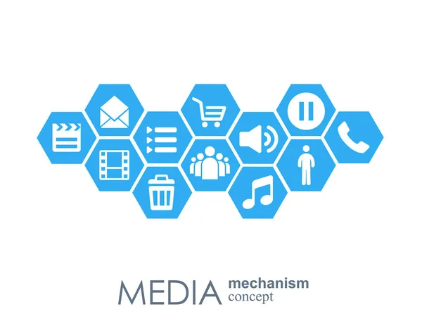 Concept de mécanisme médiatique. Fond abstrait de croissance avec méta-boules intégrées, icône intégrée pour numérique, stratégie, internet, réseau, connexion, communication, technologie, concepts globaux . — Image vectorielle
