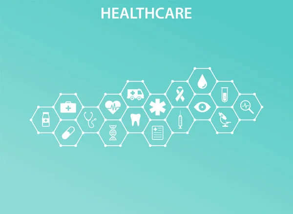 Healthcare concept. Abstract hexagons shape medicine and science background with icons for medical, health, strategy, care, medicine, health, cross, dna, poster, web banner. Vector illustration. — Stock Vector