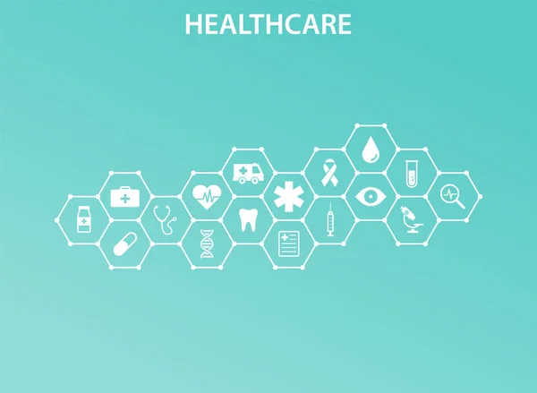 Concepto de salud. Los hexágonos abstractos moldean la medicina y los antecedentes científicos con iconos para medicina, salud, estrategia, cuidado, medicina, salud, cruz, ADN, póster, banner web. Ilustración vectorial . — Vector de stock