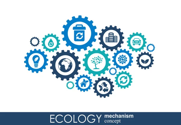 Ekologi mekanism koncept. abstrakt bakgrund med anslutna växlar och ikoner för miljövänlig, energi, miljö, grön, återvinna, bio och globala begrepp. vektor infographic illustration. — Stock vektor