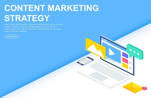 Content marketing strategie Isometrische Vector webbanners. E-commerce of onlineshopping target zoeken. Zakelijke verkoopstrategie en Social Media Customer Research. Platte isometrische illustratie. — Stockvector