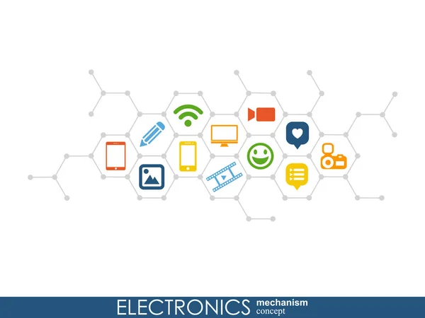 Mécanisme électronique. Fond abstrait avec engrenages connectés et icônes plates intégrées. Symboles connectés pour moniteur, téléphone. Illustration vectorielle interactive . — Image vectorielle