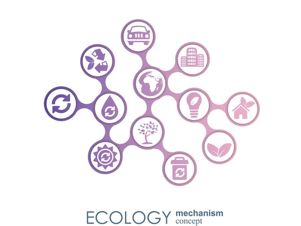 Concepto de mecanismo ecológico. Antecedentes abstractos con engranajes e iconos conectados para conceptos ecológicos, energéticos, ambientales, verdes, de reciclaje, biológicos y globales. Ilustración de infografía vectorial . — Vector de stock