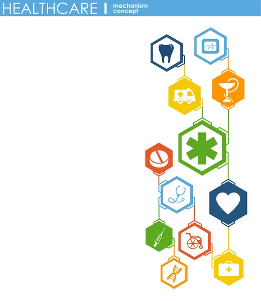 Concetto di meccanismo sanitario. Sfondo astratto con ingranaggi collegati e icone per medico, salute, strategia, cura, medicina, rete, social media e concetti globali. Infografica vettoriale . — Vettoriale Stock