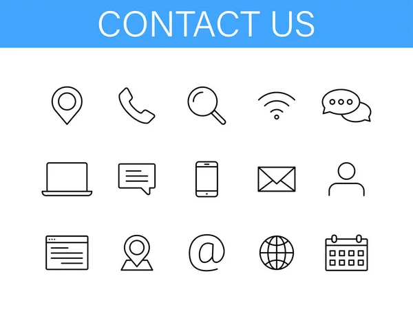 Set van contact us web icons in lijnstijl. Web-en mobiel pictogram. Chat, ondersteuning, bericht, telefoon. Vector illustratie. — Stockvector