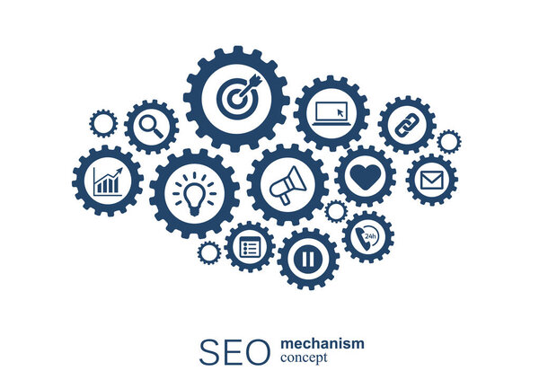 SEO mechanism concept. Abstract background with integrated gears and icons for strategy, digital, internet, network, connect, analytics, social media and global concepts.