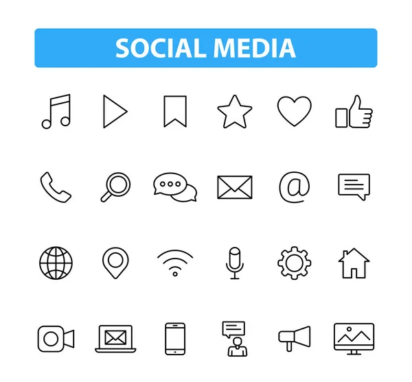 Set van 24 Social Media Web iconen in lijnstijl. Contact, digitale, sociale netwerken, technologie, website. Vector illustratie. — Stockvector