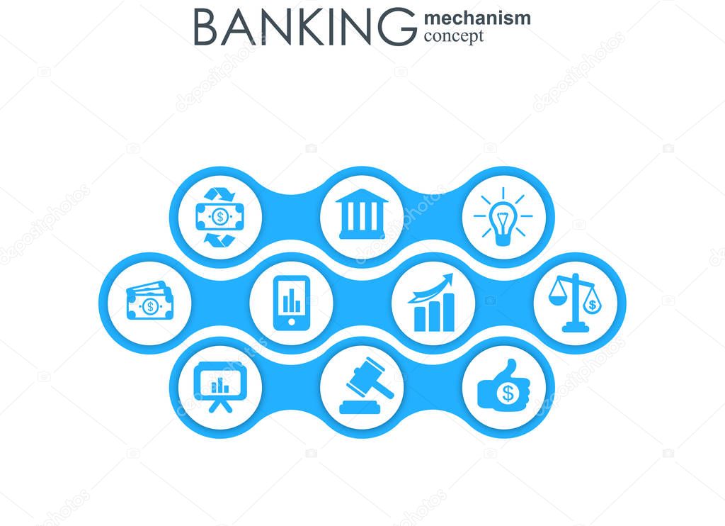 Banking mechanism. Abstract background with connected gears and integrated flat icons. symbols for money, card, bank, business and finance concepts. Vector interactive illustration.