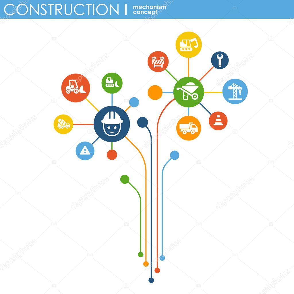Construction network. Hexagon abstract background with lines, polygons, and integrated flat icons. Connected symbols for build, industry, architectural, engineering concepts. Vector.