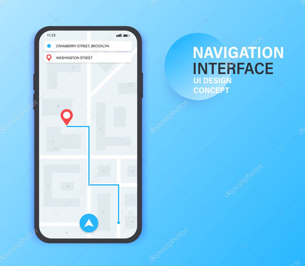 Gps navigation app on mobile phone. City Map Navigation. Mobile app interface concept design. Vector illustration.