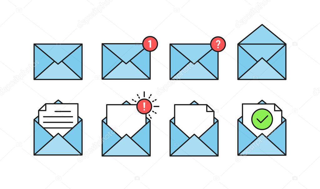Set of envelopes icons with a picture of a closed letter. Paper document enclosed in an envelope. Delivery of correspondence or office documents. Vector illustration.