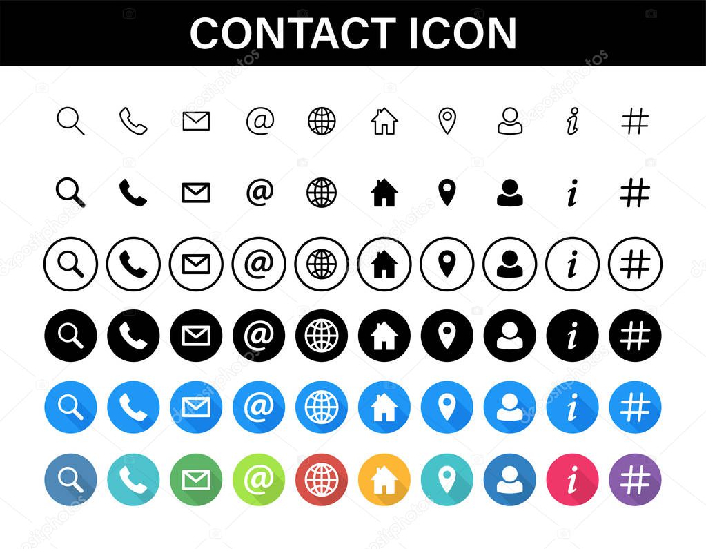 Contacts icon set. Collection social media or communication symbols. Contact, e-mail, mobile phone, message. Vector illustration.