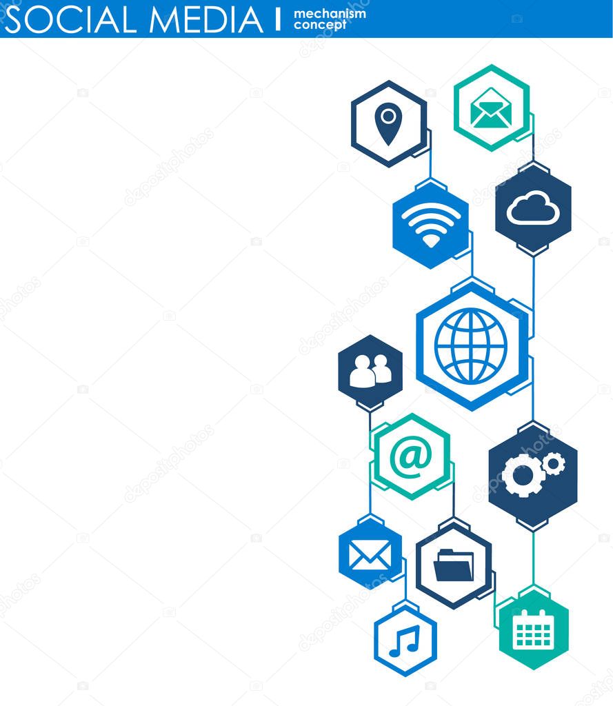 Social media connection concept. Abstract background with integrated circles and icons for digital, internet, network, connect, communicate, technology, global concepts. Vector infograp illustration.