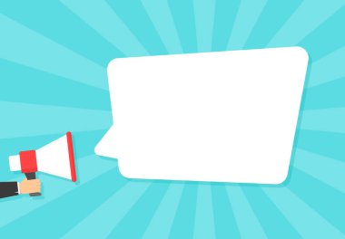 Megafon, düz vektör illüstrasyon arka plan tarafından ilan konuşma kabarcıkları.