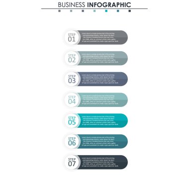 İş verileri, grafik. Grafiğin soyut öğeleri, 7 adımlı diyagram, strateji, seçenekler, parçalar veya süreçler. Sunu için vektör iş şablonu. Bilgi grafiği için yaratıcı konsept.